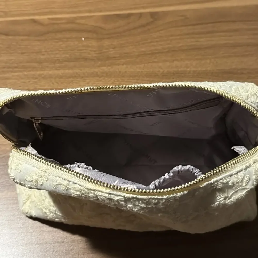 Vince Camuto Ivory Lace Makeup Bag Cosmetic Pouch Zipper Clutch Travel Case